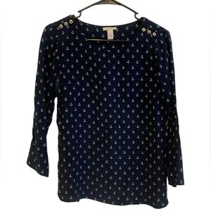 SUPER CUTE! JCrew nautical silk shoulder button navy blue and white flowy blouse